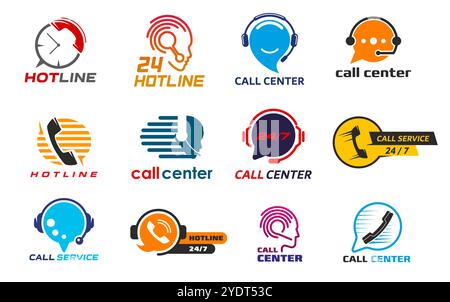 Symbole für Callcenter, Kundendienst, Hotline-Hilfe, Telefonsymbole. Vektortelefon-Headset und -Mobilteil, Kontakthotline-Betreiber, Kopfhörer, Mikrofon und Online-Chat-Sprechblase Stock Vektor