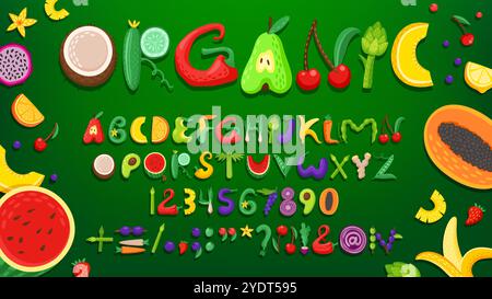 Obst- und Gemüsesorte, gesunde Schrift, Bauernhofpflanzen-Alphabet, Sommer-Lebensmittel-Schriftart. Englische abc Buchstaben und Zahlen Vektor Typografie mit Cartoon Frische Obst und Gemüse Großbuchstaben Schriftart Stock Vektor