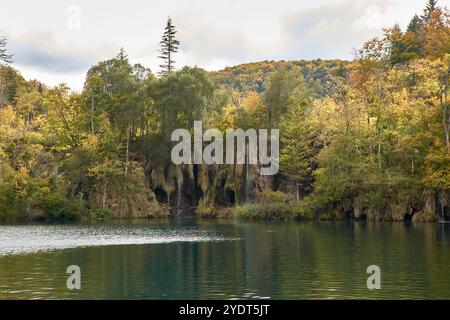 Dieses Herbstfoto des Nationalparks Plitvicer Seen in Kroatien fängt die einzigartige Schönheit hängender Baumwurzeln und zarter Wasserfälle ein. Die Szene-Featur Stockfoto