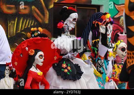 Dia de los Muertos: Monumentale Schädel von Tlahuac-Ausstellung Ein Schädel aus Pappe wird während der Ausstellung Tecuan Tlaloc, einem Projekt des Jaen Cartoneria-Kollektivs, zu Ehren des Gottes Tlaloc und einer traurigen Hommage an die Opfer von John und Otis-Hurrikanen gesehen. In der Francisco Santiago Borraz Straße in der Gemeinde Tlahuac im Rahmen der Feierlichkeiten zum Tag der Toten. Am 26. Oktober 2024 in Mexiko-Stadt. Mexico City CDMX Mexico Copyright: XCarlosxSantiagox Stockfoto