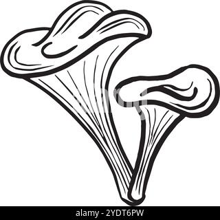 Skizze der Pfifferling-Pilze. Vektorgrafik-Strichdarstellung, handgezeichnet, isoliert. Schwarz-weiße Kritzelei. Zutat zum Kochen, zur Lebensmittelherstellung Stock Vektor
