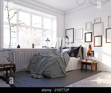 Schlafzimmer im skandinavischen Stil eingerichtet. 3D-rendering Konzept Design Stockfoto