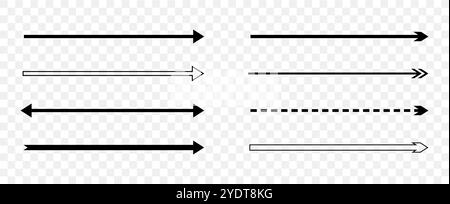 Gerader Langer Pfeil. Navigationselemente. Illustration der Vektorabwicklung. Satz schwarzer Zeiger, die auf transparentem Hintergrund isoliert sind. Einfache Symbole für Stock Vektor