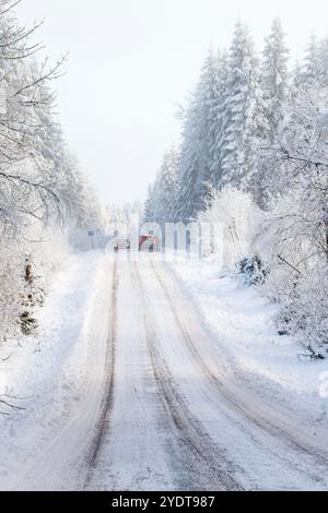 Zwei Autos treffen sich auf einer engen Winterstraße im Wald Stockfoto