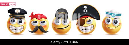 Emoji Seemann Emoticon Charaktere Vektorsatz. Emojis Emoticon Seemannsfiguren wie Küstenwache, Banditen, Seefahrer, Piraten und Seefahrer mit Gesicht Stock Vektor