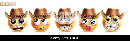 Emoji Cowboy Charaktere Vektor Set. Emojis Cowboy-Charakter in traurigen, denkenden, coolen, schwindelerregenden und lustigen Gesichts-Emoticon-Reaktionen mit Hutelementen Stock Vektor