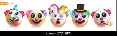 Emoji Clown Emoticon Charaktere Vektor Set. Emojis 3D Emoticons Geburtstagsclowns in frecher, lustiger, lustiger, lustiger und glücklicher Komiker-Maskottensammlung. Stock Vektor