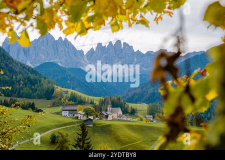 Goldene Blätter umgeben sanft ein malerisches Dorf, umgeben von üppigen grünen Hügeln und hohen Gipfeln der Dolomiten. Santa Maddalena Val di Funes Italien Stockfoto