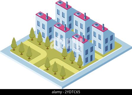 Isometrische Ansicht einer Gruppe moderner Wohngebäude mit Grünflächen, die Stadtplanung und nachhaltiges Wohnen repräsentieren Stock Vektor