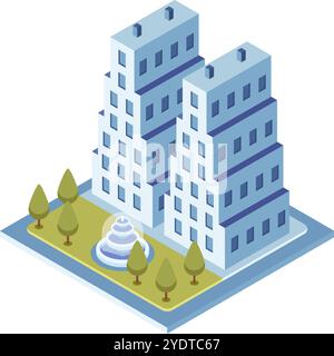 Isometrie Blick auf moderne Wolkenkratzer, die sich über einem ruhigen grünen Bereich mit einem Brunnen erheben und eine harmonische Stadtlandschaft schaffen Stock Vektor
