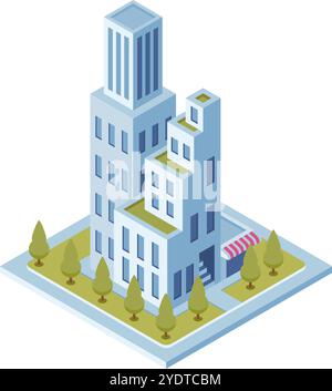 Isometrische Ansicht von modernen Wolkenkratzern und Bürogebäuden mit Grünflächen, die städtische Entwicklung und nachhaltige Architektur darstellen Stock Vektor