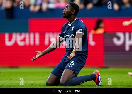 BOCHUM, 27. OKTOBER: Ibrahima Sissoko vom VfL Bochum reagiert beim Bundesliga-Spiel zwischen dem VfL Bochum 1848 und dem FC Bayern München am 27. Oktober 2024 im Vonovia Ruhrstadion in Bochum. (Foto: Rene Nijhuis/MB Media) Stockfoto