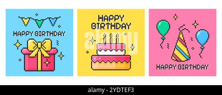 Set mit Pixelgrafik Happy Birthday quadratische Karten. Y2K gepixelte Poster mit Geschenkbox, Partyhut und Fahnen, Ballons und Kuchen mit Kerzen. Geburtstagselemente und Festtext im 8-Bit-Retro-Stil Stock Vektor