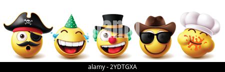 Emoji Emoticon Zeichen Vektorsatz. Emoticons 3D-Charaktere wie Piraten, Cowboy und Koch mit Hüten, Kostümelementen und niedlichem Gesicht Stock Vektor