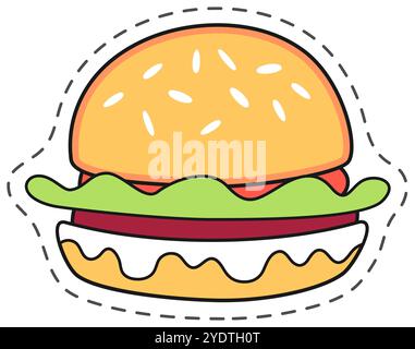 Comic Cheeseburger mit Salat, Tomaten, Patty und Sesamsamen auf einem gestrichelten Hintergrund, der einen Aufkleber darstellt Stock Vektor