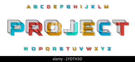 Alphabet mit mehrschichtigen Umrissen. Überlappende Linien und mehrfarbige Formen werden gemischt. Geometrische experimentelle Schriftart für kreative Projekte, digitale Kunst Stock Vektor