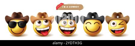 Emoji Cowboy Charakter Vektor Set. Emojis Emoticon-Charakter trägt einen bunten Hut in coolem, frechen, fröhlichen, süßen und lustigen Gesichtsausdrücken Gelb Stock Vektor