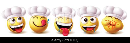 Emoji Chef Charakter Vektor Set. Emojis Emoticon Chefkoch professionelle Figur in fröhlichen, sehnsüchtigen, durstigen, albernen und sabbernden Gesichtern in weiß Stock Vektor