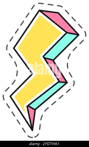 Blitzschlag mit gestrichelter Linie, die seiner Form folgt, in Pastellgelb, Rosa und Hellblau gefärbt, blinkt über weißem Hintergrund Stock Vektor