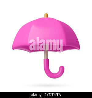 3D realistischer Regenschirm in Pink. Zeichentrick-Hochglanzplastik-Vektor-Objekt isoliert auf weißem Hintergrund. Stock Vektor
