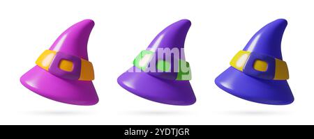 Witch hats 3d vector icons set. Different color cute plastic wizard caps with belt. Halloween costume element on white background. Stock Vektor