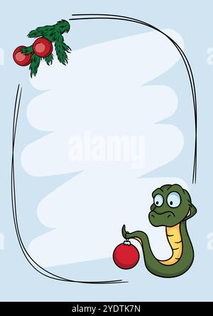 Neujahrskarte 2025. Vektor-Illustration mit dem Symbol der Jahresschlange mit einer roten Weihnachtskugel. Rahmen für Text Stock Vektor