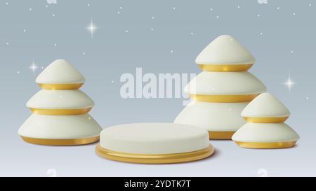3D-Winterpodium mit Schneepinienbaum und funkelnden Sternen minimaler Produkthintergrund mit leerer Bühne Stock Vektor