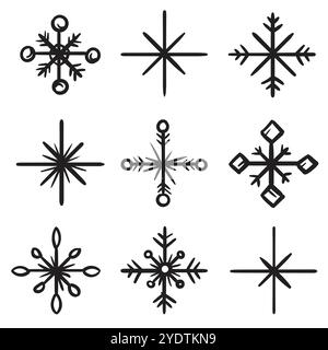 Einfaches, handgezeichnetes Symbol für Schneeflocken in Schwarz und weiß. Vektorzeichen und -Symbole für Winterdesign Stock Vektor
