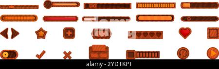 Symbole für hölzerne Fortschrittsanzeige eingestellt. Verschiedene hölzerne Spielelemente, einschließlich Fortschrittsbalken, Schaltflächen und Symbole, eignen sich perfekt für die Gestaltung einer rustikalen oder natürlichen Spieloberfläche Stock Vektor