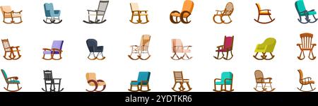 Symbolsatz für Schaukelstuhl. Bequeme Schaukelstühle in verschiedenen Designs, die Entspannung und Stil für jedes Zuhause bieten Stock Vektor