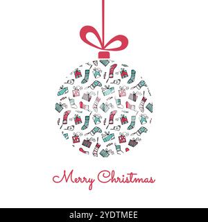 Frohe Weihnachten Grußkarte Design. Weihnachtsschmuck hängt an rotem Band. Stock Vektor