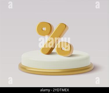 3D Gold Prozentzeichen auf weißem Podium mit realistischem Schattenrabatt-Sparkonzept Stock Vektor