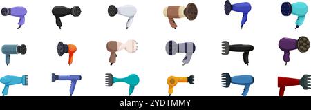 Symbole für Haardiffusor eingestellt. Verschiedene Haartrockner mit verschiedenen Designs und Aufsätzen für professionelle Haarpflege und Styling Stock Vektor