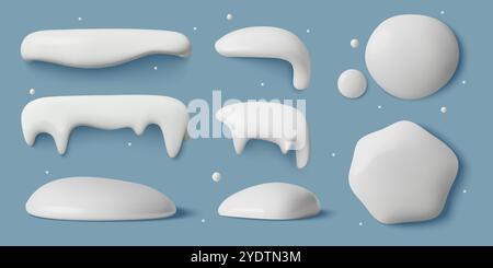 Minimale 3D Schneekappen Eiszapfen Schneeschwehhaufen und Schneebälle Clipart Kollektion auf blauem Hintergrund Stock Vektor