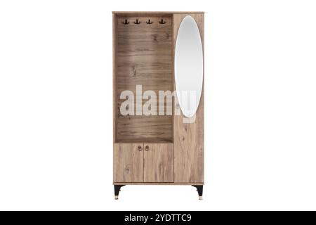 Moderner Holzschrank mit Spiegel und Haken - stilvolle Aufbewahrungslösung für Schlafzimmer und Eingänge Stockfoto