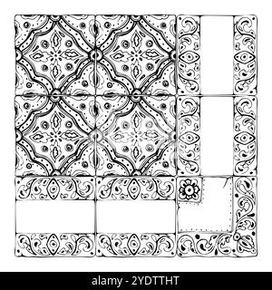 Mexikanisches arabisches mediterranes marokkanisches Mosaikmotiv, Azulejo-Wandboden mit glasierter Verzierung. Isolierter Satz Fliesenplatten. Handgezeichneter Tintenvektor Stock Vektor