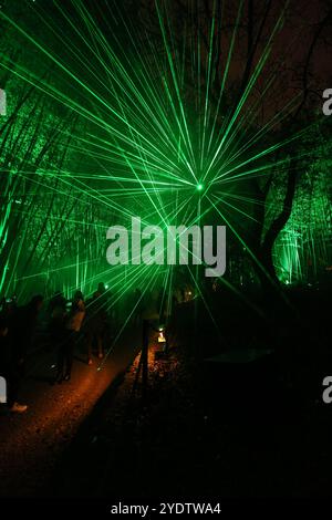 Grünes Licht in einem Bambusgarten mit vielen Menschen, die von den Lichtern fasziniert sind Stockfoto