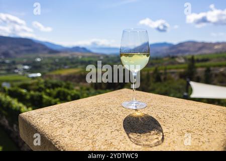 Ein kanadisches Glas Weißwein auf dem Gebäude mit selektivem Fokus vor dem Hintergrund der Weinberge, Okanagan Valley, British Columbia, Kanada, North Amer Stockfoto