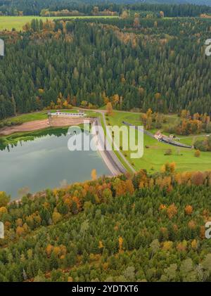 Blick von oben auf einen See umgeben von Wald und einer Staumauer in einer Herbstlandschaft, Nagoldtalsperre, Schwarzwald, Deutschland, Europa Stockfoto