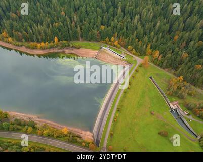 Blick von oben auf eine Staumauer mit angrenzendem See und Wald in herbstlicher Atmosphäre, Nagoldtalsperre, Schwarzwald, Deutschland, Europa Stockfoto