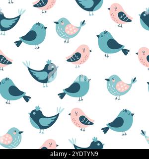 Niedliches nahtloses Muster mit pastellfarbenen Vögeln auf weißem Hintergrund Stock Vektor