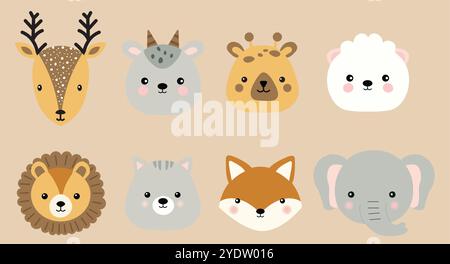 Satz von Kinder Vektor-Illustrationen von niedlichen wilden Tieren isoliert auf braunem Hintergrund Stock Vektor