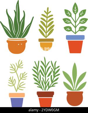 Set von niedlichen Pflanzen in Blumentöpfen Fächerdesign isoliert auf weiß Stock Vektor
