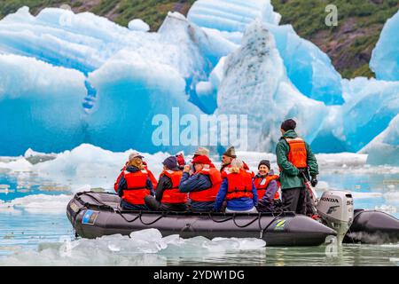 Gäste der Lindblad Expeditions bringen National Geographic Sea Bird während des Zodiac-Betriebs in Tracy Arm, Südost-Alaska Stockfoto