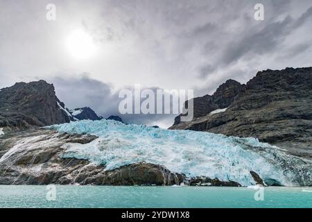 Blick auf die Gletscher und Berge des Drygalski Fjords auf der Südostseite von Südgeorgien, Südpolarregionen Stockfoto