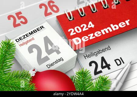 Deutscher Kalender 2024 Dezember 24 Heiligabend Dienstag und Dekoration Stockfoto
