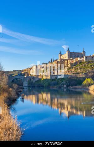 Blick vom Hafen und der Brücke von Alcantara, Toledo, Kastilien-La Mancha, Spanien, Europa Stockfoto