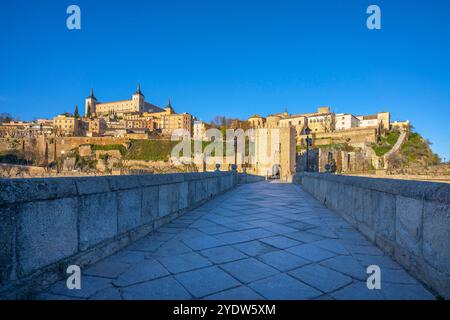 Blick vom Hafen und der Brücke von Alcantara, Toledo, Kastilien-La Mancha, Spanien, Europa Stockfoto