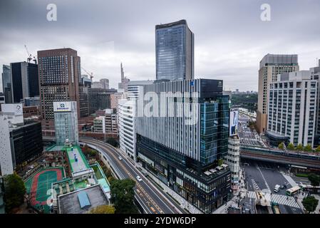 Luftaufnahme der großen Kreuzung in Ginza mit Blick auf die Straßen und Wolkenkratzer-Fassaden, Tokio, Honshu, Japan, Asien Stockfoto