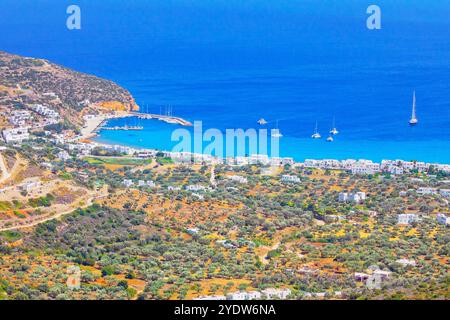 Platis Gialos Strand, Hochwinkelblick, Platis Gialos, Sifnos Insel, Kykladen, Griechische Inseln, Griechenland, Europa Stockfoto